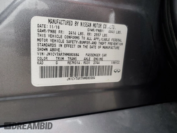 2017 Infiniti Q50 2.0t Premium with VIN JN1CV7AR7HM680684, listed as a Copart auction lot 86705644 with 0 mi miles and Salvage Title. Bid and sale history available at carsss.com. Image 12.