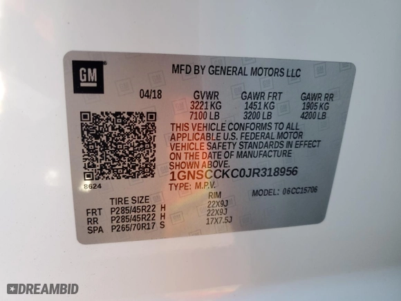 2018 Chevrolet Tahoe Premier with VIN 1GNSCCKC0JR318956, listed as a Copart auction lot 85115564 with 0 mi miles and Salvage Title. Bid and sale history available at carsss.com. Image 13.