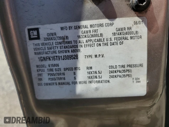 2001 Chevrolet Suburban LS with VIN 1GNFK16T91J309528, listed as a Copart auction lot 58804824 with 197,608 mi miles and Salvage Title. Bid and sale history available at carsss.com. Image 13.