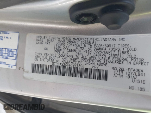 2004 Toyota Sienna XLE with VIN 5TDZA22CX4S078893, listed as a IAAI auction lot 42006717 with 213,235 mi miles and . Bid and sale history available at DreamBid. Image 9.