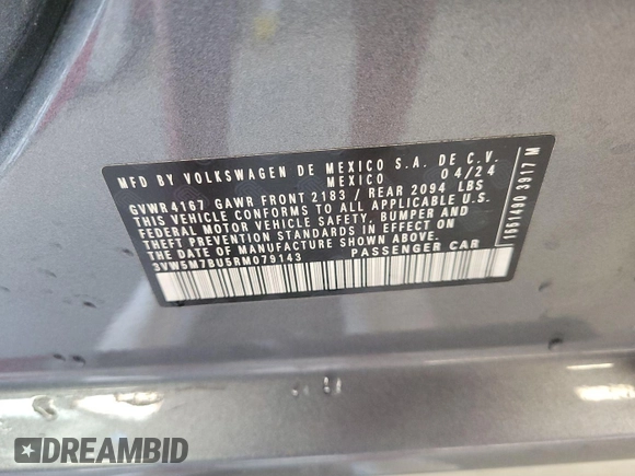 2024 Volkswagen Jetta S with VIN 3VW5M7BU5RM079143, listed as a IAAI auction lot 42851039 with 22,619 mi miles and . Bid and sale history available at DreamBid. Image 18.