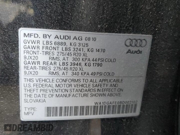 2011 Audi Q7 S line with VIN WA1DGAFE0BD002102, listed as a Copart auction lot 87597645 with 101,717 mi miles and Clean title. Bid and sale history available at DreamBid. Image 13.