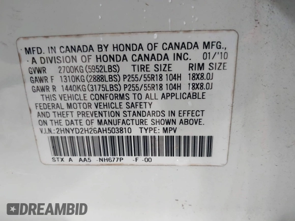 2010 Acura MDX with VIN 2HNYD2H26AH503810, listed as a IAAI auction lot 41623574 with 218,586 mi miles. Bid and sale history available at carsss.com. Image 9.