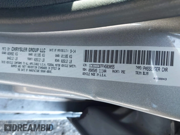 2015 Chrysler 200 C with VIN 1C3CCCCB7FN583055, listed as a IAAI auction lot 42062923 with 105,810 mi miles. Bid and sale history available at carsss.com. Image 9.