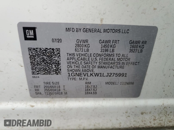 2020 Chevrolet Traverse LS with VIN 1GNEVLKW1LJ275991, listed as a Copart auction lot 71838494 with 98,110 mi miles and Salvage Title. Bid and sale history available at carsss.com. Image 14.