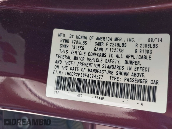 2015 Honda Accord LX with VIN 1HGCR2F38FA024227, listed as a IAAI auction lot 41746016 with 66,718 mi miles. Bid and sale history available at carsss.com. Image 9.