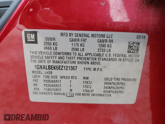 2014 Chevrolet Equinox LT with VIN 1GNALBEK6EZ121367, listed as a Copart auction lot 50403375 with 132,404 mi miles and Clean Title. Bid and sale history available at DreamBid. Image 12.