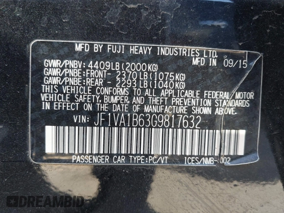 2016 Subaru WRX with VIN JF1VA1B63G9817632, listed as a IAAI auction lot 41818265 with 89,938 mi miles. Bid and sale history available at carsss.com. Image 9.