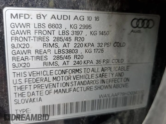 2017 Audi Q7 Premium Plus with VIN WA1LAAF79HD034392, listed as a Copart auction lot 60618655 with 136,222 mi miles and Clean title. Bid and sale history available at DreamBid. Image 12.