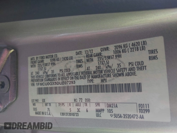 2013 Ford Escape SE with VIN 1FMCU0GX5DUB97293, listed as a IAAI auction lot 42044696 with 182,746 mi miles and . Bid and sale history available at DreamBid. Image 9.