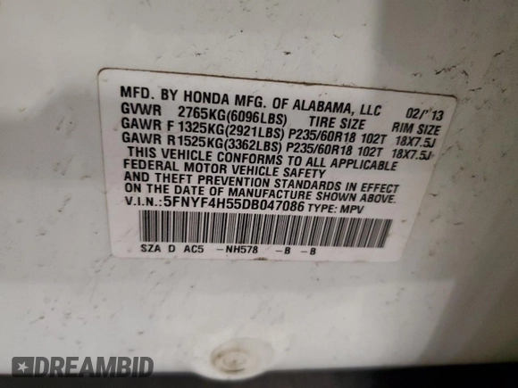 2013 Honda Pilot EX-L with VIN 5FNYF4H55DB047086, listed as a Copart auction lot 60793505 with Not provided miles and Salvage title. Bid and sale history available at DreamBid. Image 14.