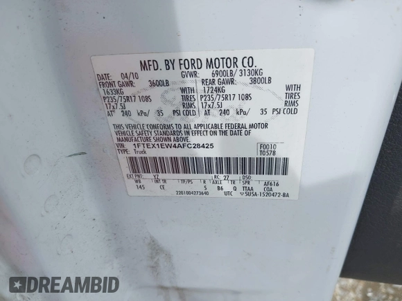 2010 Ford F-150 XL с VIN 1FTEX1EW4AFC28425, выставлен на аукционе IAAI как лот 41740839 с пробегом 240 568 миль миль и . История ставок и продаж доступна на DreamBid. Изображение 9.