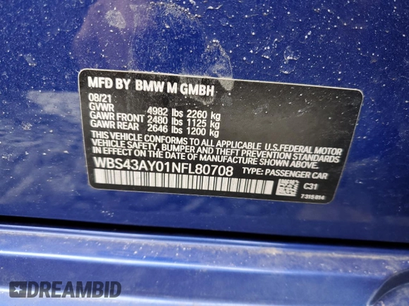 2022 BMW M3 Competition xDrive with VIN WBS43AY01NFL80708, listed as a Copart auction lot 46034615 with Not provided miles and Salvage title. Bid and sale history available at DreamBid. Image 12.