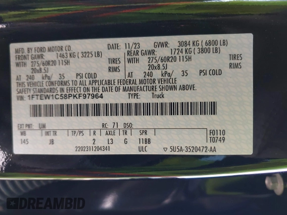 2023 Ford F-150 XL with VIN 1FTEW1C58PKF97964, listed as a IAAI auction lot 41372700 with 36,240 mi miles and . Bid and sale history available at DreamBid. Image 9.