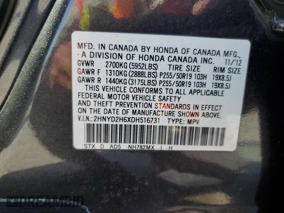 2013 Acura MDX Advance Pkg with VIN 2HNYD2H6XDH516731, listed as a Copart auction lot 76953144 with 168,951 mi miles and Salvage Title. Bid and sale history available at carsss.com. Image 13.