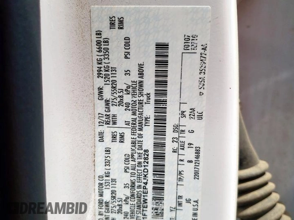 2018 Ford F-150 XL with VIN 1FTEW1EP4JKD12828, listed as a Copart auction lot 58188095 with 92,242 mi miles and Salvage title. Bid and sale history available at DreamBid. Image 13.