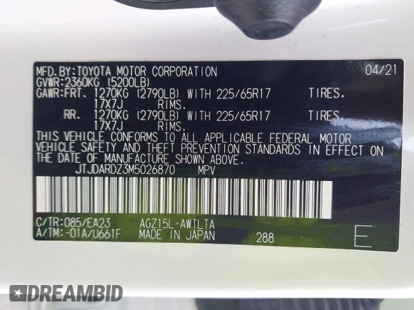2021 Lexus NX 300 with VIN JTJDARDZ3M5026870, listed as a IAAI auction lot 42559036 with 48,646 mi miles and . Bid and sale history available at DreamBid. Image 9.