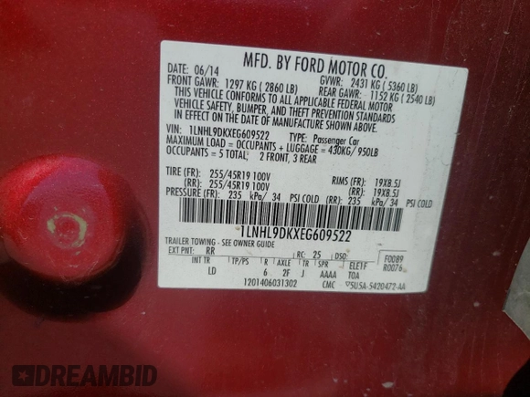 2014 Lincoln MKS with VIN 1LNHL9DKXEG609522, listed as a Copart auction lot 47990205 with 151,245 mi miles and Non Repairable. Bid and sale history available at DreamBid. Image 12.