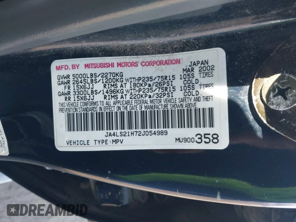 2002 Mitsubishi Montero ES z VIN JA4LS21H72J054989, wystawiony jako IAAI lot #41067504 z przebiegiem 335 479 mil mil oraz . Historia ofert i sprzedaży dostępna na DreamBid. Obrazek 9.