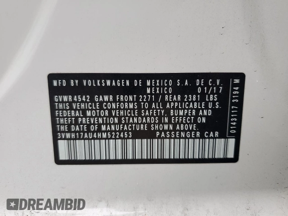 2017 Volkswagen Golf S with VIN 3VWH17AU4HM522453, listed as a Copart auction lot 58395955 with 75,787 mi miles and Salvage title. Bid and sale history available at DreamBid. Image 13.