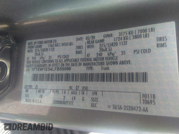 2020 Ford F-150 XL with VIN 1FTEW1E54LFB55098, listed as a IAAI auction lot 37023431 with 71,696 mi miles and . Bid and sale history available at carsss.com. Image 9.