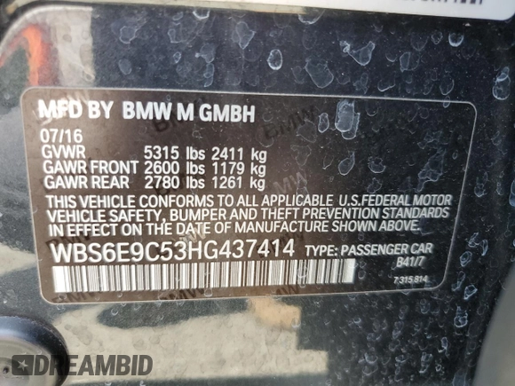 2017 BMW M6 z VIN WBS6E9C53HG437414, wystawiony jako Copart lot #61141685 z przebiegiem 89 893 mil mil oraz Szkoda całkowita • Salvage title. Historia ofert i sprzedaży dostępna na DreamBid. Obrazek 12.