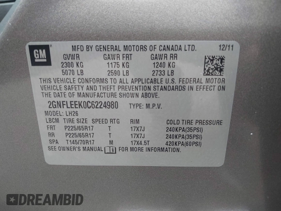 2012 Chevrolet Equinox LT w/1LT with VIN 2GNFLEEK0C6224980, listed as a IAAI auction lot 42116363 with 83,442 mi miles. Bid and sale history available at carsss.com. Image 9.