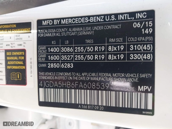 2015 Mercedes-Benz M-Class ML 350 with VIN 4JGDA5HB6FA608539, listed as a IAAI auction lot 41972173 with 102,190 mi miles. Bid and sale history available at carsss.com. Image 9.