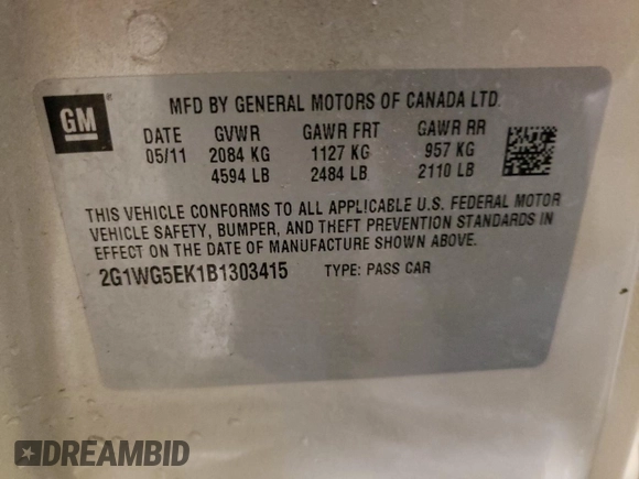 2011 Chevrolet Impala LT Fleet with VIN 2G1WG5EK1B1303415, listed as a Copart auction lot 58963575 with 175,301 mi miles and Salvage title. Bid and sale history available at DreamBid. Image 12.