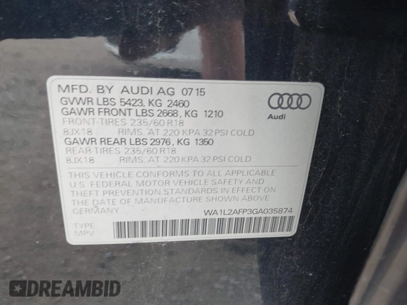 2016 Audi Q5 Premium Plus z VIN WA1L2AFP3GA035874, wystawiony jako IAAI lot #42618317 z przebiegiem 40 980 mil mil oraz . Historia ofert i sprzedaży dostępna na DreamBid. Obrazek 9.