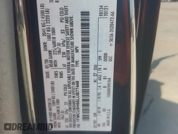 2020 Ford Escape SEL with VIN 1FMCU9H66LUB77448, listed as a Copart auction lot 61697275 with 70,997 mi miles and Salvage title. Bid and sale history available at DreamBid. Image 12.