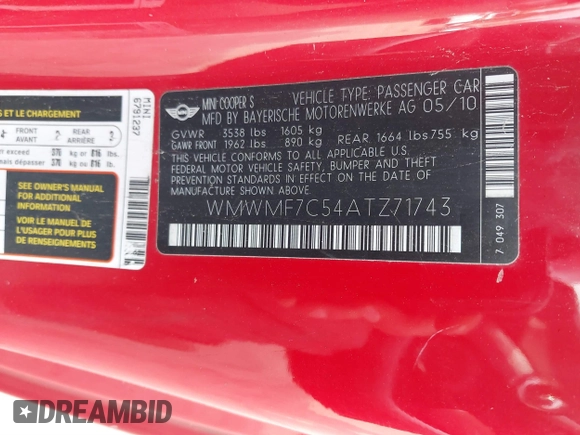 2010 MINI Hardtop S with VIN WMWMF7C54ATZ71743, listed as a IAAI auction lot 41794482 with 136,233 mi miles and . Bid and sale history available at DreamBid. Image 9.