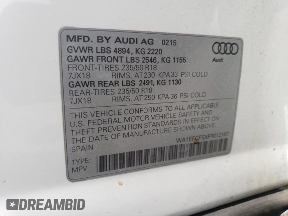 2015 Audi Q3 2.0T Premium Plus with VIN WA1EFCFSXFR012167, listed as a Copart auction lot 50180903 with 119,024 mi miles. Bid and sale history available at carsss.com. Image 13.