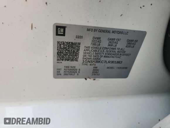 2020 Chevrolet Tahoe LT z VIN 1GNSKBKC7LR301863, wystawiony jako Copart lot #65205365 z przebiegiem 78 866 mil mil oraz Szkoda całkowita • Salvage title. Historia ofert i sprzedaży dostępna na DreamBid. Obrazek 14.