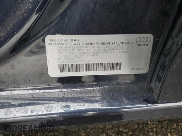 2013 Audi A4 Premium with VIN WAUAFAFL5DN017960, listed as a Copart auction lot 44428155 with 89,084 mi miles and Salvage Title. Bid and sale history available at carsss.com. Image 14.