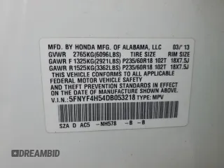 2013 Honda Pilot EX-L with VIN 5FNYF4H54DB053218, listed as a Copart auction lot 50516835 with 154,199 mi miles and Salvage Title. Bid and sale history available at carsss.com. Image 16.