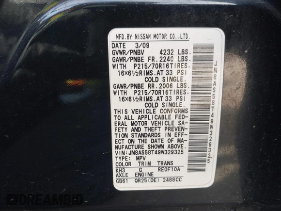 2009 Nissan Rogue SL with VIN JN8AS58T49W329325, listed as a IAAI auction lot 41599716 with 140,261 mi miles and . Bid and sale history available at DreamBid. Image 9.