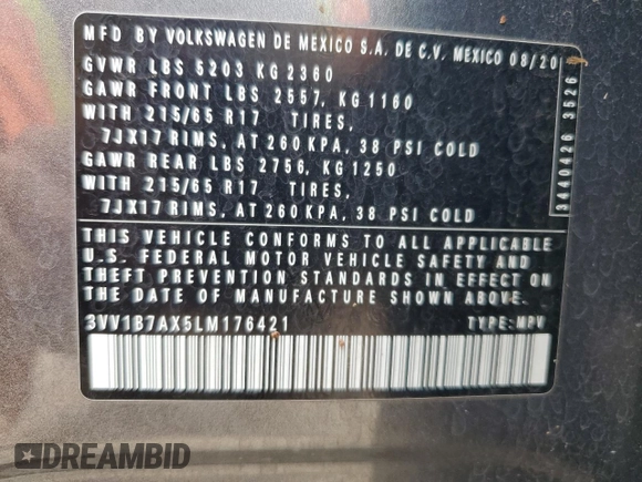 2020 Volkswagen Tiguan S with VIN 3VV1B7AX5LM176421, listed as a Copart auction lot 57229715 with 72,048 mi miles and Salvage title. Bid and sale history available at DreamBid. Image 13.