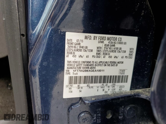 2016 Ford F-250 Lariat with VIN 1FT7W2B6XGEA10011, listed as a Copart auction lot 58226205 with Not provided miles and Salvage title. Bid and sale history available at DreamBid. Image 12.