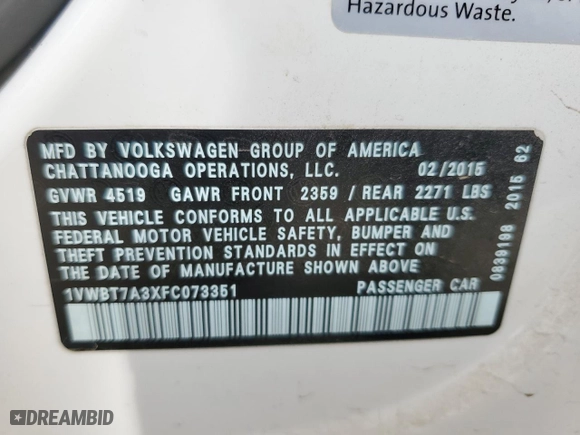 2015 Volkswagen Passat 1.8T Sport with VIN 1VWBT7A3XFC073351, listed as a Copart auction lot 78597824 with 162,590 mi miles and Salvage Title. Bid and sale history available at carsss.com. Image 12.