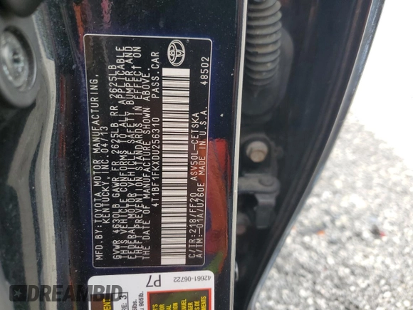 2013 Toyota Camry L with VIN 4T1BF1FKXDU256310, listed as a Copart auction lot 51826875 with 213,408 mi miles and Clean Title. Bid and sale history available at DreamBid. Image 12.
