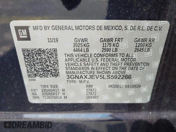 2020 Chevrolet Equinox LT with VIN 3GNAXJEV5LS592266, listed as a IAAI auction lot 41924328 with 61,574 mi miles and . Bid and sale history available at DreamBid. Image 9.