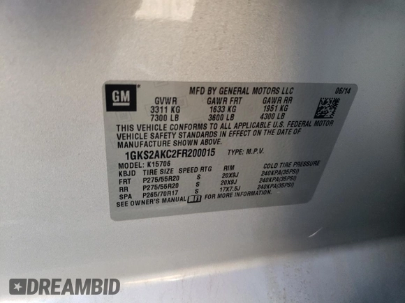 2015 GMC Yukon SLE with VIN 1GKS2AKC2FR200015, listed as a Copart auction lot 45371345 with 66,525 mi miles and Salvage Title. Bid and sale history available at carsss.com. Image 13.