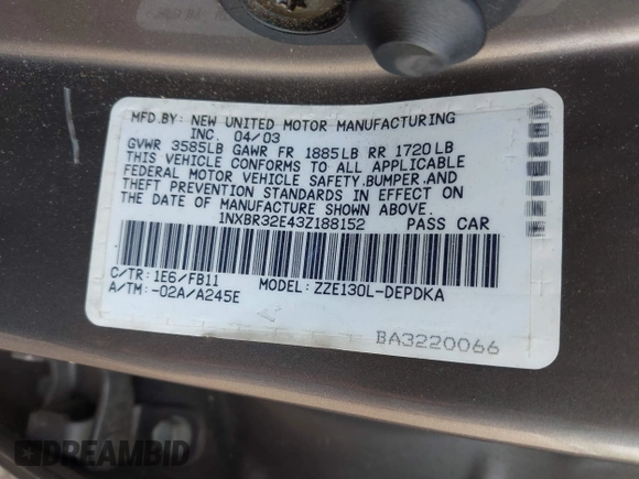 2003 Toyota Corolla CE with VIN 1NXBR32E43Z188152, listed as a IAAI auction lot 42115553 with 156,064 mi miles and . Bid and sale history available at DreamBid. Image 9.