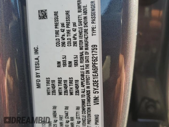 2023 Tesla Model 3 z VIN 5YJ3E1EA6PF621759, wystawiony jako Copart lot #63669045 z przebiegiem 20 094 mil mil oraz Szkoda całkowita • Salvage title. Historia ofert i sprzedaży dostępna na DreamBid. Obrazek 12.