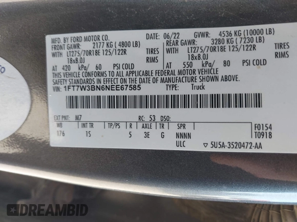 2022 Ford F-350 with VIN 1FT7W3BN6NEE67585, listed as a IAAI auction lot 42010241 with 30,341 mi miles and . Bid and sale history available at DreamBid. Image 9.