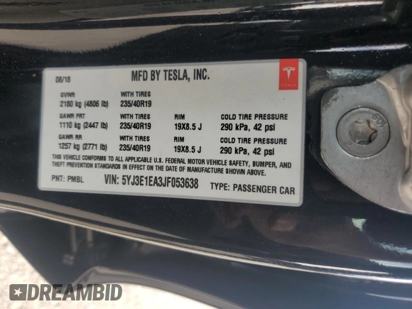 2018 Tesla Model 3 Long Range Battery with VIN 5YJ3E1EA3JF053638, listed as a Copart auction lot 49630965 with 52,131 mi miles and Salvage Title. Bid and sale history available at DreamBid. Image 14.
