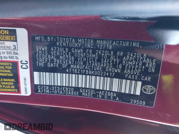 2019 Toyota Avalon XLE with VIN 4T1BZ1FB8KU023417, listed as a IAAI auction lot 41410801 with 43,089 mi miles. Bid and sale history available at carsss.com. Image 9.