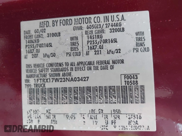 2003 Ford F-150 XL with VIN 1FTRX17W23NA03427, listed as a IAAI auction lot 42335438 with 187,397 mi miles and . Bid and sale history available at DreamBid. Image 8.