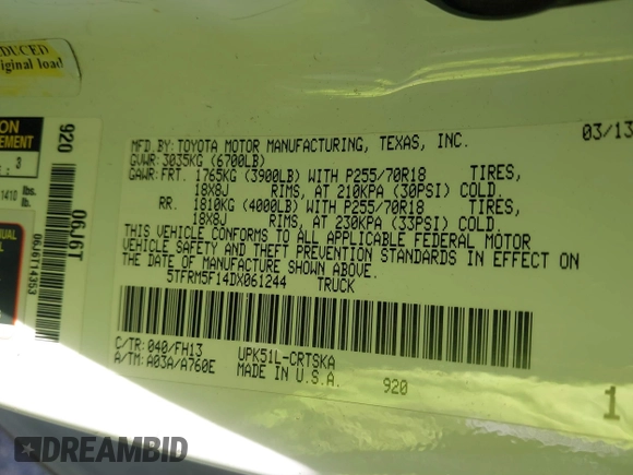2013 Toyota Tundra z VIN 5TFRM5F14DX061244, wystawiony jako IAAI lot #41565473 z przebiegiem 253 238 mil mil oraz . Historia ofert i sprzedaży dostępna na DreamBid. Obrazek 9.